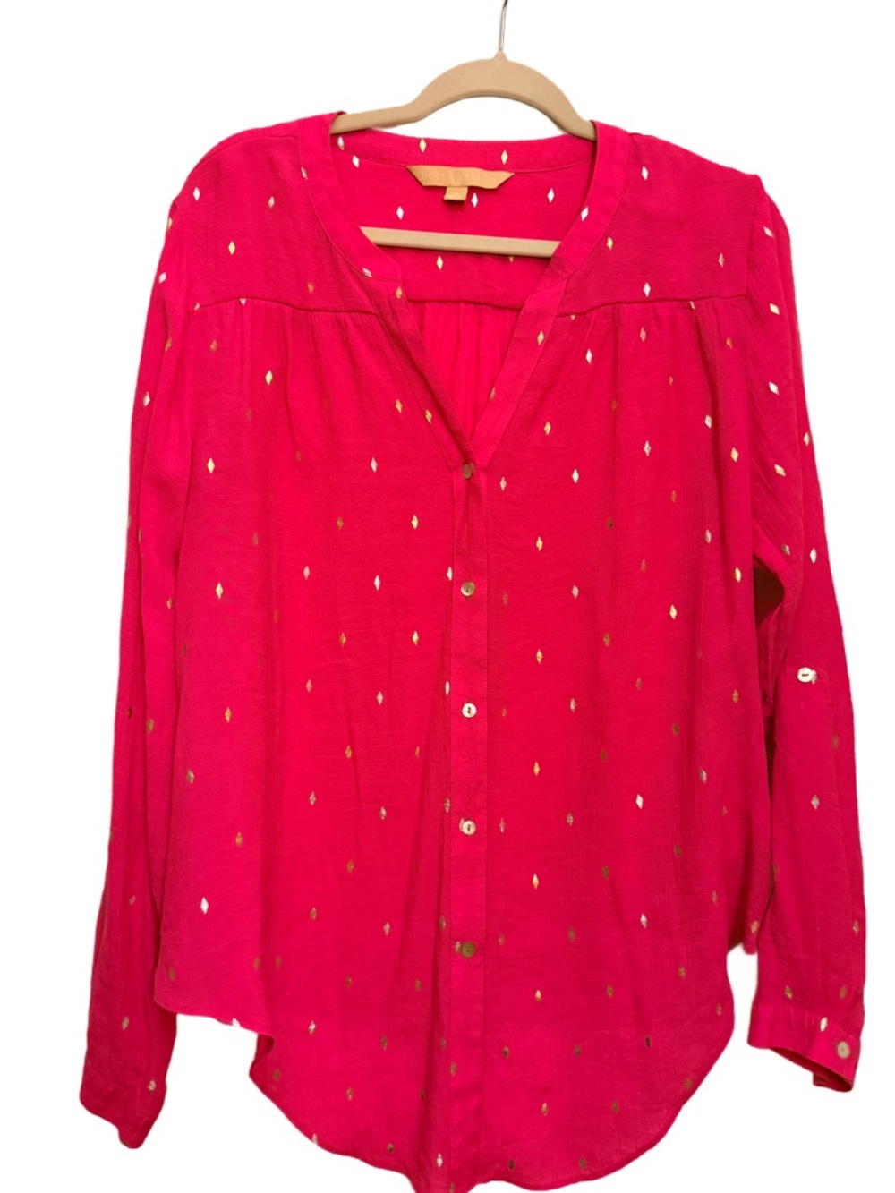 Women's Pink Button-Front Blouse with Metallic Dot Detail